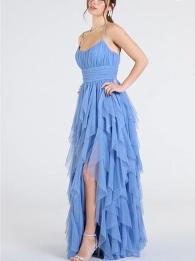 Katrina Ruffled slit a-line glitter mesh formal dress.